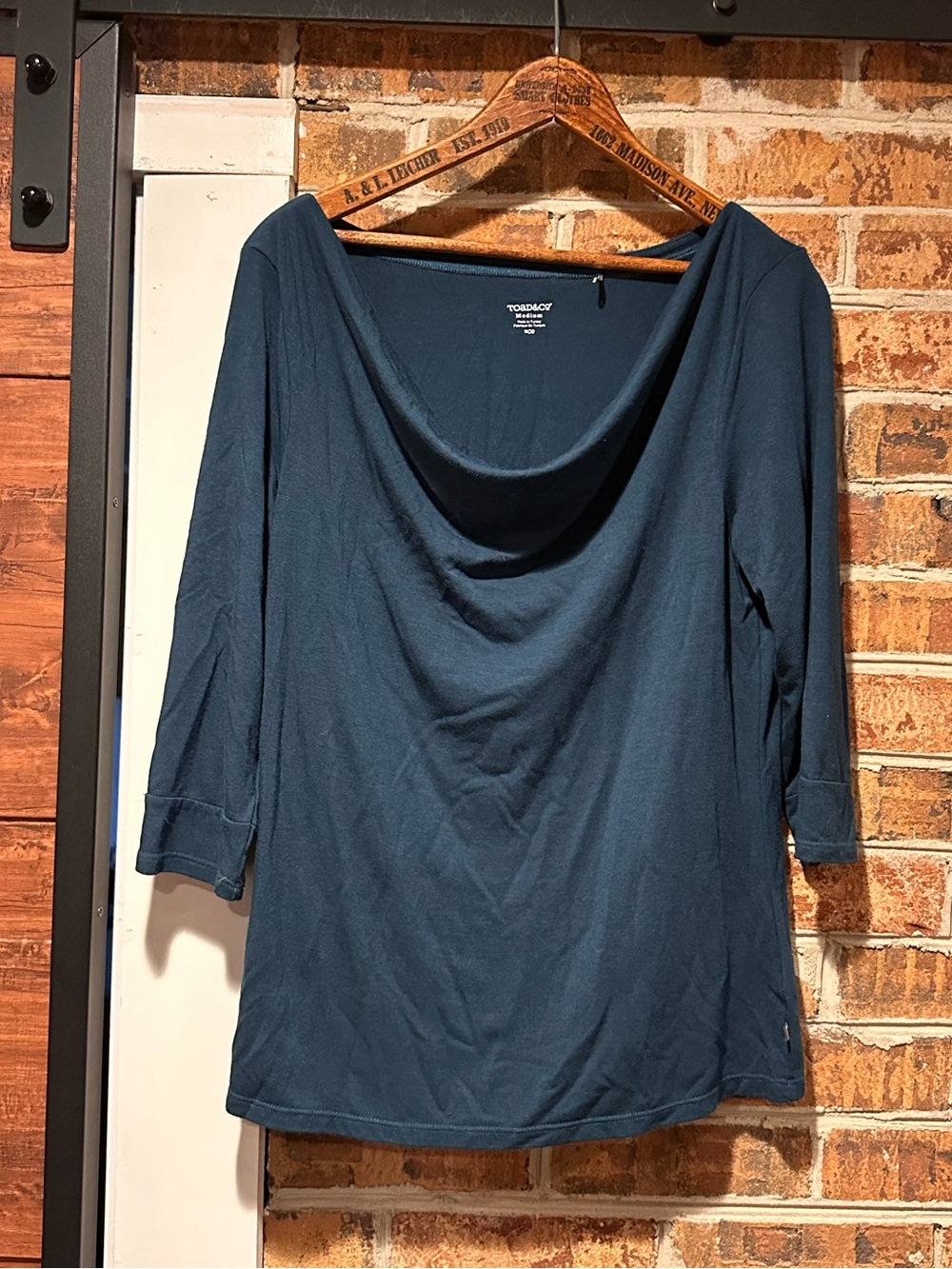 Toad Co Top Womens medium blue Cowl Neck Draped Stretch Soft Active Casual